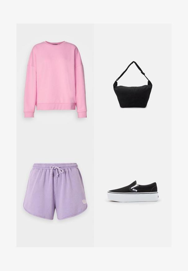 Vero Moda VMBEA - Sweater - bonbon; Zachte lavendelkleurige terry katoenen shorts met elastische tailleband en trekkoord, afgeronde zoom en klein wit logo aan de onderzijde rechts.; Zwarte canvas instapschoen met een witte rubberen zool, voorzien van elastische zijkanten en contrasterende stiksels. Merkenlogo zichtbaar aan de zijkant.; Zwarte stoffen schoudertas met een zachte, gestructureerde oppervlakte, ronde vorm en een enkele strap. Minimalistisch ontwerp zonder zichtbare hardware of accenten.