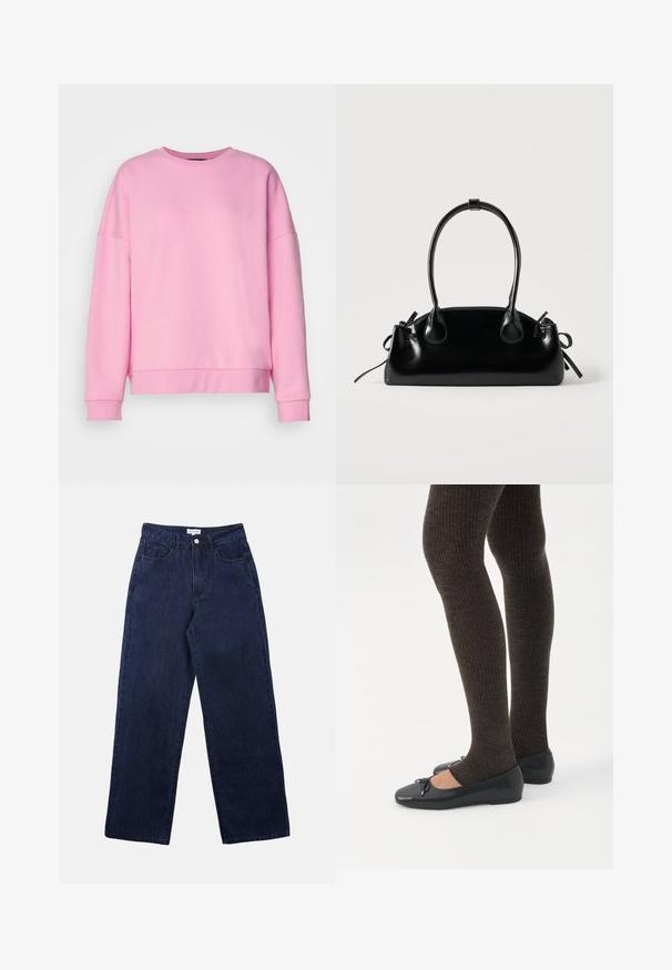 Vero Moda VMBEA - Sweatshirt - bonbon; Dunkelblaue Denim-Hosen mit geradem Bein, ausgestattet mit einem Frontknopfverschluss, Gürtelschlaufen und zwei vorderen Taschen.; Beine in dunklen, gerippten Leggings kombiniert mit schwarzen Ballerinas mit kleinen Schleifendetails auf weißem Hintergrund.; Kleine schwarze glänzende Handtasche mit zwei langen Griffen und seitlichen Kordelzug-Details vor einfachem hellem Hintergrund.