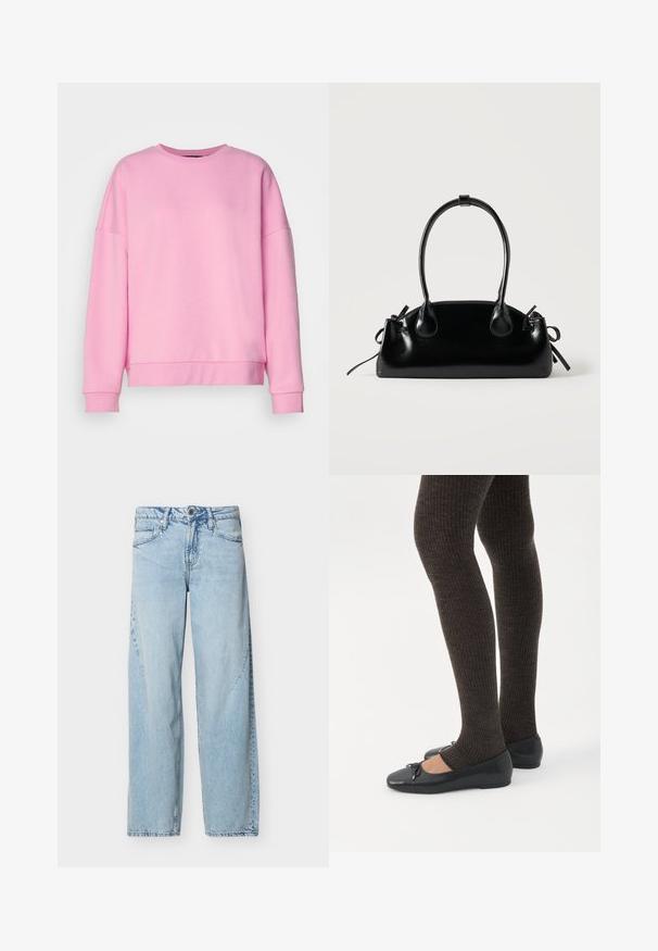 Vero Moda VMBEA - Sweatshirt - bonbon; Jean denim bleu clair à jambe droite avec poches avant, passants pour ceinture et fermeture par bouton sur fond blanc uni.; Jambes portant des leggings côtelés foncés associés à des ballerines noires avec de petits détails en nœud sur fond blanc.; Petit sac à main noir brillant avec deux longues anses et des détails à cordon sur les côtés sur un fond clair uni.