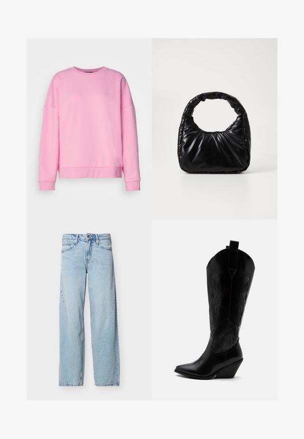 Vero Moda VMBEA - Sweatshirt - bonbon; Hellblaue Straight-Leg-Jeans aus Denim mit Vordertaschen, Gürtelschlaufen und Knopfverschluss auf einem schlichten weißen Hintergrund.; Schwarzer Leder-Cowboystiefel mit spitzer Zehe, schrägem Blockabsatz, dekorativer Naht und Zuglaschen oben vor weißem Hintergrund.; Schwarze gepolsterte Handtasche mit einem runden Griff, die eine glatte, glänzende Oberfläche und eine weiche, gestepfte Textur aufweist. Keine sichtbare Hardware oder Akzente.