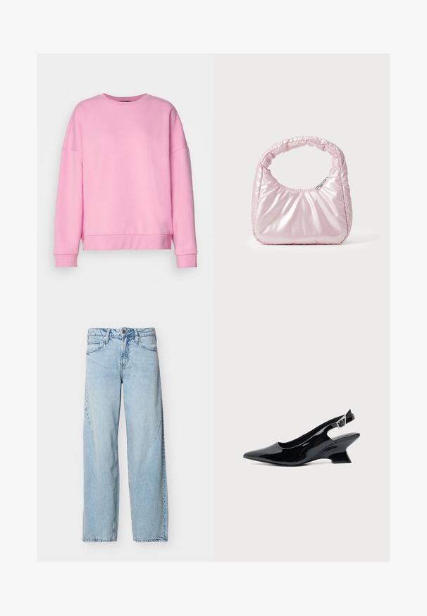 Vero Moda VMBEA - Sweater - bonbon; Lichtblauwe denim jeans met rechte pijpen, voorzakken, riemlussen en knoopsluiting op een effen witte achtergrond.; Zwarte lakleren slingback schoen met spitse neus en lage schuine blokhak op een effen lichte achtergrond.; Roze, gevoerde handtas met een afgeronde vorm, gemaakt van glanzend materiaal. Beschikt over een geplooide handgreep en een ritssluiting voor veilige toegang.