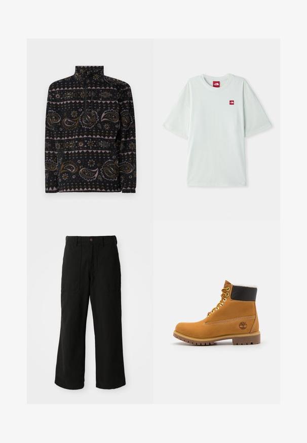 Pull en polaire noir avec des motifs paisley et géométriques en marron, rose et crème. Il possède une fermeture éclair quart et un col haut.; T-shirt à manches courtes vert clair en coton doux, arborant une petite étiquette logo rouge sur la zone gauche de la poitrine. Coupe décontractée et col rond.; Pantalons noirs à large jambe en tissu doux, dotés de poches avant et d'une fermeture à bouton à la taille. Design minimaliste sans motifs visibles.; Bottine en cuir brun avec œillets en métal, doublure en fourrure blanche, col rembourré noir, semelle robuste et logo en relief sur le côté.