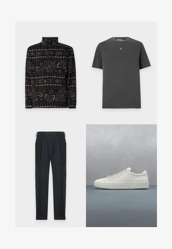 Pull en polaire noir avec des motifs paisley et géométriques en marron, rose et crème. Il possède une fermeture éclair quart et un col haut.; T-shirt en coton gris foncé avec un col rond et des manches courtes ; présente un petit logo centré en blanc sur la poitrine.; Pantalons en mélange de laine gris avec deux plis à l'avant, passants de ceinture, poches latérales et fermeture à bouton. Design à jambe droite avec une texture lisse.; Baskets en cuir blanc avec un bout arrondi, design minimaliste, lacets gris et semelle en caoutchouc gris texturé. Détails de couture subtils visibles.