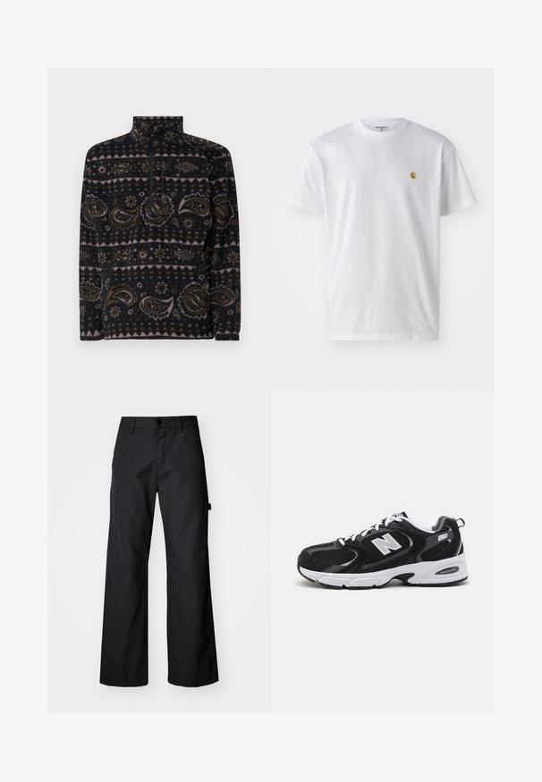 Pull en polaire noir avec des motifs paisley et géométriques en marron, rose et crème. Il possède une fermeture éclair quart et un col haut.; T-shirt en coton blanc à manches courtes, col rond, avec un petit logo doré sur la poitrine gauche. Texture douce et coupe régulière.; Pantalons larges noirs en tissu durable. Fermeture à bouton et poches latérales. Texture lisse avec un design épuré.; Baskets de sport noires et grises avec un tige en mesh et en suède, présentant une semelle intermédiaire blanche, des lacets et un logo "N" audacieux sur le côté.