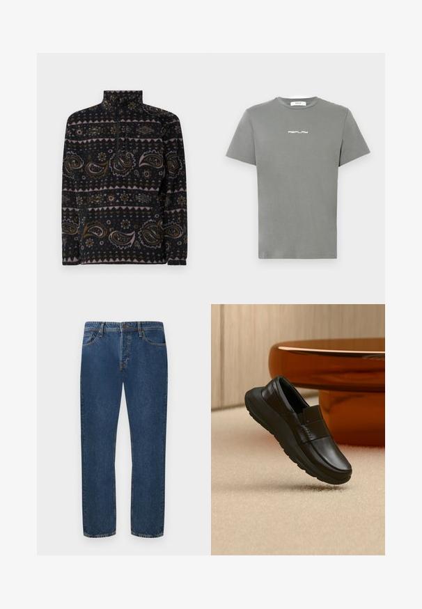 Pull en polaire noir avec des motifs paisley et géométriques en marron, rose et crème. Il possède une fermeture éclair quart et un col haut.; T-shirt en coton gris à manches courtes et col rond, avec un logo "REPLAY" blanc sur le devant. Design simple et sans ornements.; Jean en denim bleu foncé avec une coupe droite, doté de cinq poches et d'une fermeture à bouton. Le tissu présente une texture visible et un léger dégradé.; Mocassin en cuir noir avec une semelle épaisse, présenté au-dessus d'un tapis beige et près d'une base de table ronde couleur ambre.