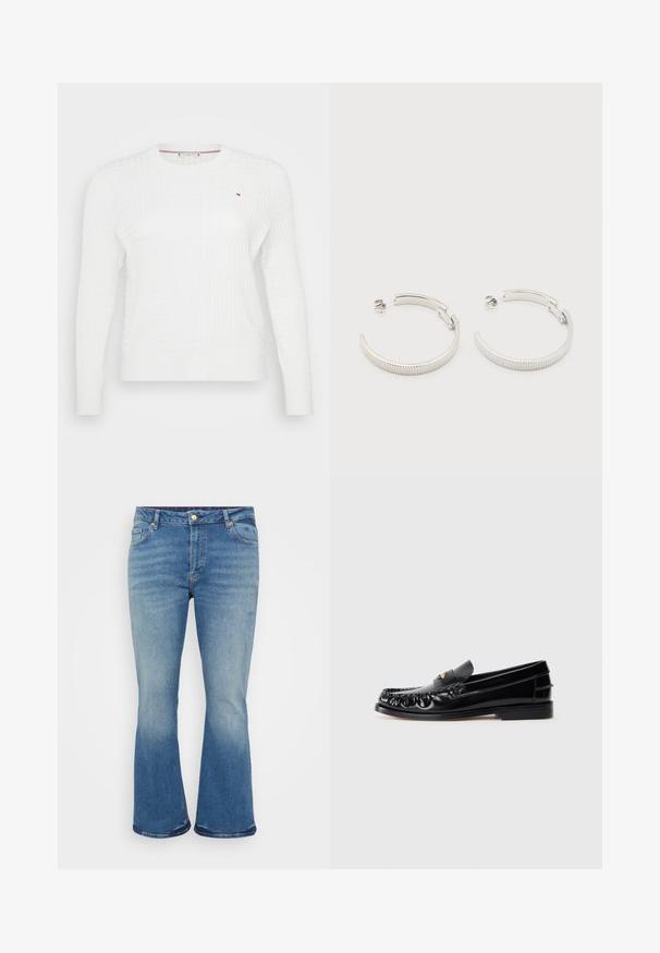 Hvid strikket sweater med et struktureret diamantmønster, rund halsudskæring og lange ærmer. Lille logoaccent på brystet.; Lyseblå flagrende jeans med denimtekstur, fem-lomme design, messingknap lukning og falming på lår og underben.; Sorte læder loafers med rund tå, dekorativ sying og en lille gul accent på vampen. Flad gummisål, slankt design.; Sølvfarvede halvcirkelformede creoler med riflet tekstur og trykknapslukning på hvid baggrund.