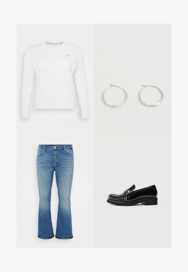 Hvid strikket sweater med et struktureret diamantmønster, rund halsudskæring og lange ærmer. Lille logoaccent på brystet.; Lyseblå flagrende jeans med denimtekstur, fem-lomme design, messingknap lukning og falming på lår og underben.; Sorte patentlæderloafer med en dekorativ rynket kant, flad gummisål og en lille metallogoaccent på remmen.; Sølvfarvede metaloorringe med glat, let buet overflade og låsemekanisme på en ensfarvet hvid baggrund.