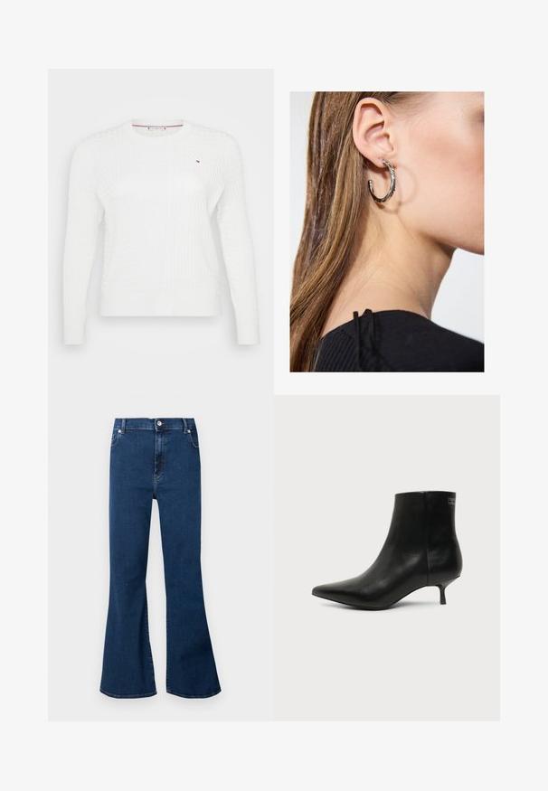 Pull en tricot blanc avec un motif de losanges texturé, encolure ronde et manches longues. Petit logo sur la poitrine.; Jean en denim bleu foncé taille haute avec jambes évasées larges, bouton devant et poches, présenté sur un fond clair.; Bottine en cuir noir avec bout pointu et petit talon kitten sur fond clair, vue côté extérieur.; Boucle d'oreille en argent avec une finition polie, présentant de petits détails en or et de forme ronde, portée sur le lobe.