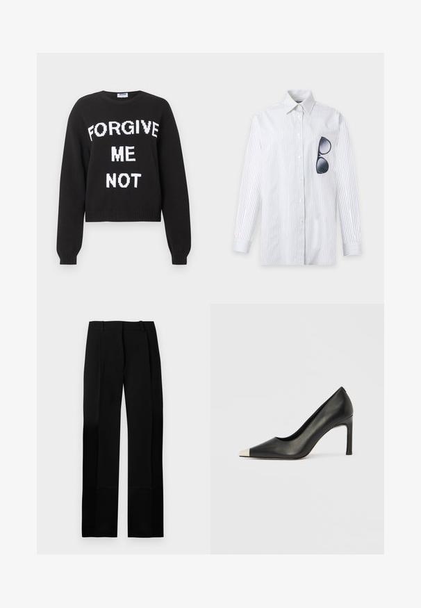 Pull en maille noire à manches longues avec le texte blanc "FORGIVE ME NOT" sur le devant, encolure ronde, et poignets et ourlet côtelés.; Chemise blanche à manches longues avec de fines rayures noires verticales et des lunettes de soleil noires accrochées dans la poche poitrine gauche.; Pantalon noir sur mesure avec une texture lisse, coupe droite et plis à l'avant. Comprend une ceinture plate sans quincaillerie visible.; Chaussure à talon haut en cuir noir avec bout pointu et capuchon argenté métallique. Présente une finition lisse et un talon fin de 10 cm.