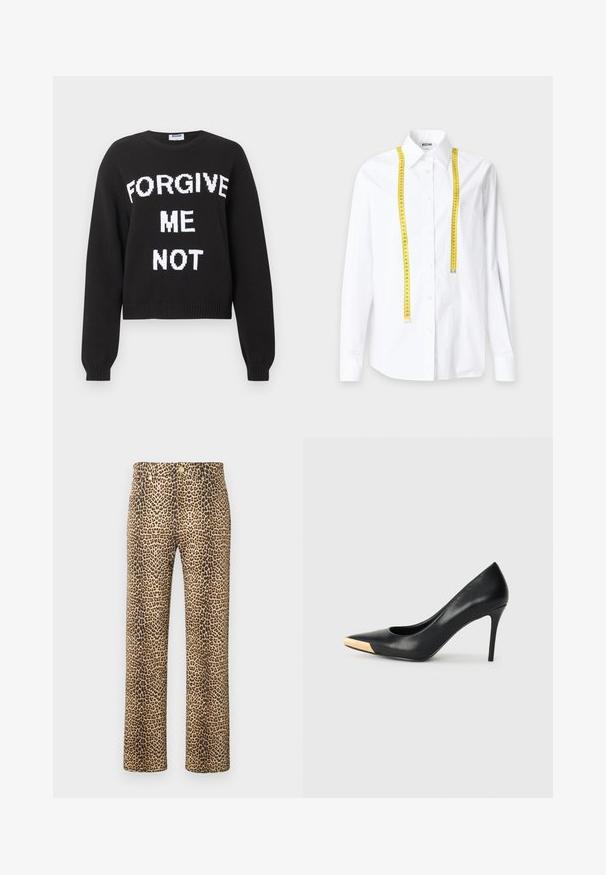 Pull en maille noire à manches longues avec le texte blanc "FORGIVE ME NOT" sur le devant, encolure ronde, et poignets et ourlet côtelés.; Chemise blanche à manches longues avec un mètre ruban jaune drapé autour du col sur un fond uni.; Pantalon droit taille haute à imprimé léopard, avec poches avant et fermeture par bouton.; Pompe à talon haut en cuir noir avec bout pointu ; présente une accentuation métallique dorée sur le capuchon. Surface lisse avec un design épuré.
