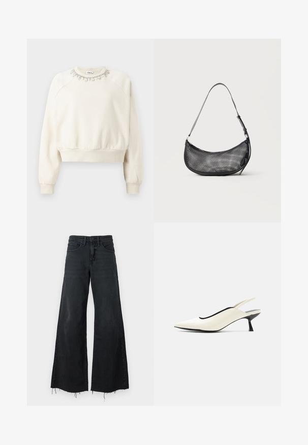 Cremefarvet sweatshirt med skuldersøm, ribbede manchetter og nederste kant samt en dekorativ perlekrave prydet med krystaller og perler.; Good American GOOD EASE RELAXED - Wide leg - black; Cremefarvet spids tå slingback-sko med lav sort kittenhæl og glat læderfinish på hvid baggrund.; Lille sort mesh skuldertaske i halvmåneform med justerbar tynd rem, sat mod en ensfarvet lys baggrund.