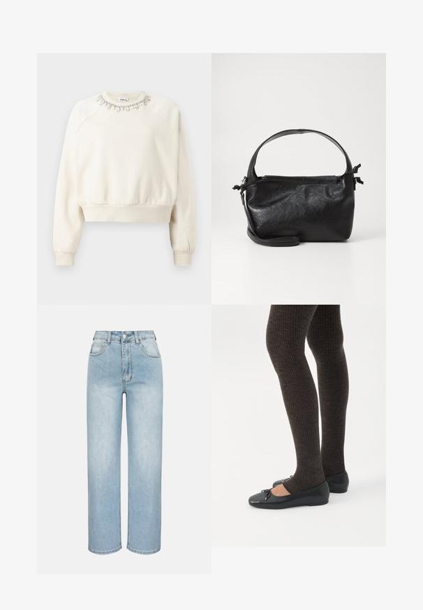 Cremefarvet sweatshirt med skuldersøm, ribbede manchetter og nederste kant samt en dekorativ perlekrave prydet med krystaller og perler.; Lyseblå jeans med høj talje og lige ben, foran med knapper, lynlås, bæltestropper og fem-lomme-design på en ensfarvet baggrund.; Ben iført mørke ribbede leggings kombineret med sorte balletsko med små sløjfedetaljer på hvid baggrund.; Sort læderhåndtaske med et struktureret design, rund tophåndtag og aftagelig skulderrem. Den har en glat tekstur og en subtil glans.