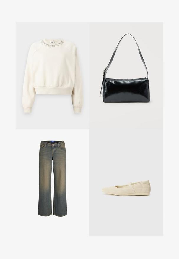Cremefarvet sweatshirt med skuldersøm, ribbede manchetter og nederste kant samt en dekorativ perlekrave prydet med krystaller og perler.; Bredde ben blå denim jeans med en lys til mørk gradient, fem-lomme design og lukning med knap. Syede detaljer på kanterne.; Lysebrune ballet flats med en glat læderoverflade, mandelformet tå og elastisk rem over vristen, med diskrete syninger.; Sort rektangulær skuldertaske med en enkelt justerbar rem og lynlås i toppen på en ensfarvet baggrund.