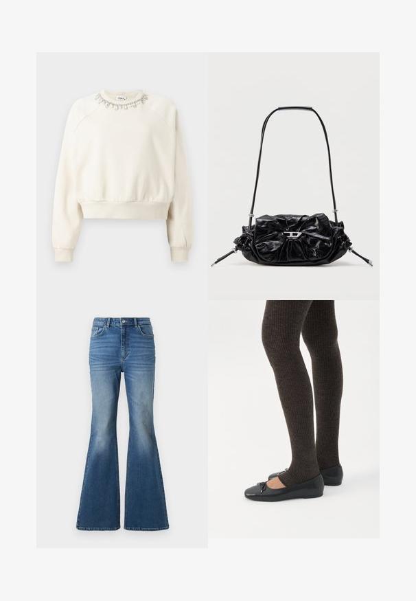 Sweatshirt de couleur crème avec coutures d'épaule, poignets et ourlet côtelés, et un col décoratif en perles avec des cristaux et des perles.; Jean en denim bleu taille haute, évasés, avec un effet délavé, comportant deux poches avant, une fermeture à bouton, et des détails cousus sur les coutures.; Jambes portant des leggings côtelés foncés associés à des ballerines noires avec de petits détails en nœud sur fond blanc.; Sac à main en cuir noir avec un design froncé et un détail en forme de nœud sur le devant. Dispose d'une poignée courte et d'accents de quincaillerie argentée.