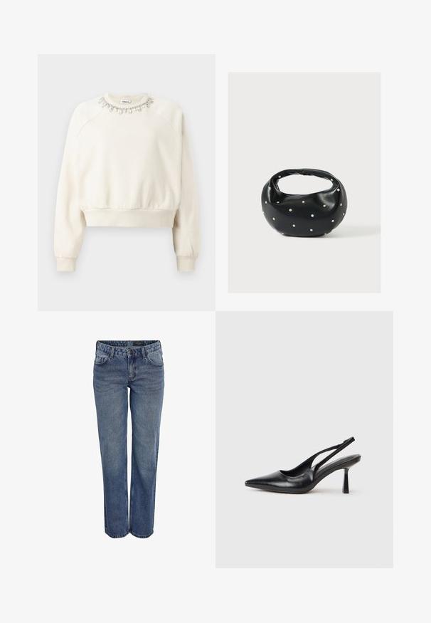 Cremefarbenes Sweatshirt mit Schulternähten, gerippten Bündchen und Saum sowie einem dekorativen, mit Kristallen und Perlen verzierten Kragen.; Blaue Jeans aus Denim mit geradem Schnitt, klassischem Fünf-Taschen-Design, dezenten Nähten und einem Knopfverschluss.; Schwarzer Leder Slingback High Heel Schuh mit spitzer Zehenpartie und schmalem Absatz auf einem weißen Hintergrund.; Schwarze Lederhandtasche mit abgerundeter Form, verziert mit silbernen Nietenakzenten und kurzem Griff. Glatte Struktur und Reißverschlussverschluss.