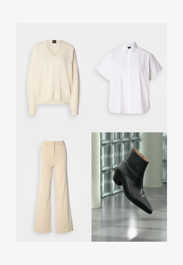 Pull crème à col en V en tissu doux, avec des manches larges, une coupe décontractée et de subtils détails tricotés au niveau de l'ourlet et des épaules.; Chemise blanche à manches courtes, à boutons, avec un col pointu et un ourlet arrondi. Fabriquée en coton, elle possède une texture lisse et sans motifs visibles.; Jeans beige à jambes larges avec taille haute, poches avant, et couture contrastée, dotés d'une fermeture à bouton et d'une texture en coton lisse.; Bottine en cuir noir avec un bout pointu et un talon carré lévitant au-dessus d'un sol gris réfléchissant près d'un mur en blocs de verre.
