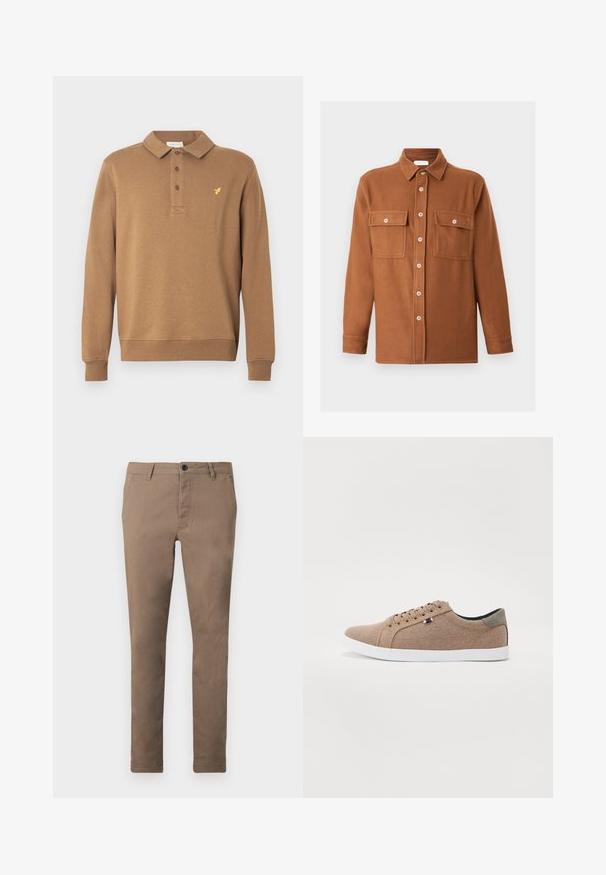 Polo à manches longues zippé marron, doté d'un col, d'une patte à trois boutons et d'un petit logo jaune brodé sur la poitrine.; Veste-chemise marron à manches longues avec deux grandes poches poitrine à boutons et un col classique sur un fond uni.; Pantalon marron ajusté pour homme avec fermeture à boutons et zip sur le devant, passants de ceinture et poches latérales, présenté à plat sur fond blanc.; Baskets en toile beige avec un design basse, semelle en caoutchouc blanc et lacets ronds. Présente un accent de talon gris contrastant et un détail de logo.