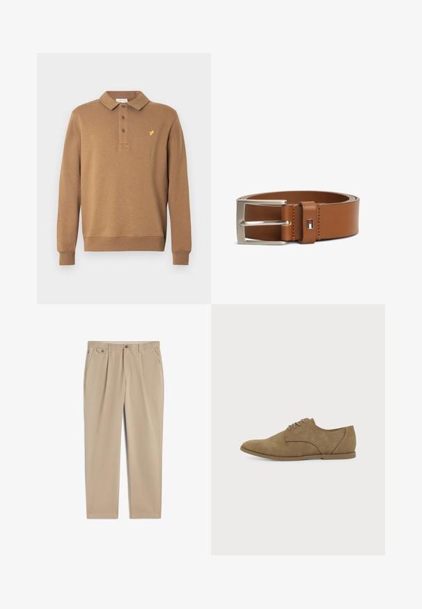Polo à manches longues zippé marron, doté d'un col, d'une patte à trois boutons et d'un petit logo jaune brodé sur la poitrine.; Pantalon beige à jambes droites avec passants de ceinture, fermeture avant par bouton et zip, poches latérales et détail plissé près de la taille.; Chaussure Oxford en daim marron pour homme à lacets avec semelle plate, vue de côté extérieur sur fond uni.; Ceinture en cuir marron avec boucle rectangulaire argentée et petite étiquette logo rectangulaire avec un motif rouge, blanc et noir près de la boucle.