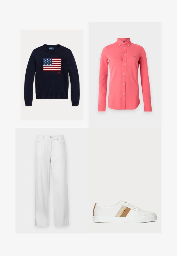 Marineblauer Strickpullover mit einem strukturierten Motiv der amerikanischen Flagge in Rot, Weiß und Blau. Gerippte Bündchen und Saum, mit "RL"-Logo nahe dem Saum.; Korallenrosa langärmeliges Hemd mit Knopfleiste, buttoned Kragen und kleinem, gesticktem Pferdelogo auf der linken Brust.; Weiße Denim-Hosen mit lockerer Passform, ausgestattet mit einem Knopf- und Reißverschluss, Gürtelschlaufen und einem klassischen Five-Pocket-Design.; Weiße Low-Top-Sneaker mit Schnürung, beigen und braunen Seitenstreifen sowie goldener RL-Logo an der Seite.