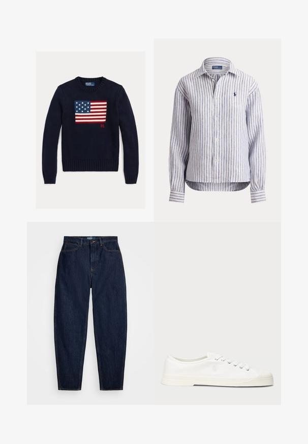 Marineblauer Strickpullover mit einem strukturierten Motiv der amerikanischen Flagge in Rot, Weiß und Blau. Gerippte Bündchen und Saum, mit "RL"-Logo nahe dem Saum.; Langärmeliges Hemd mit Knopfleiste, blau-weißen vertikalen Streifen und auf der Brust gesticktem Polo Ralph Lauren-Logo.; Dunkelblaue Denim-Jeans mit geradem Bein, ausgestattet mit orangen Nähten, einem vorderen Knopfverschluss und fünf Taschen.; Weiße Leinensneaker mit runder Zehenpartie, Schnürverschluss und dezentem Logodetail. Verfügt über ein strukturiertes Gewebe und eine Gummisohle.