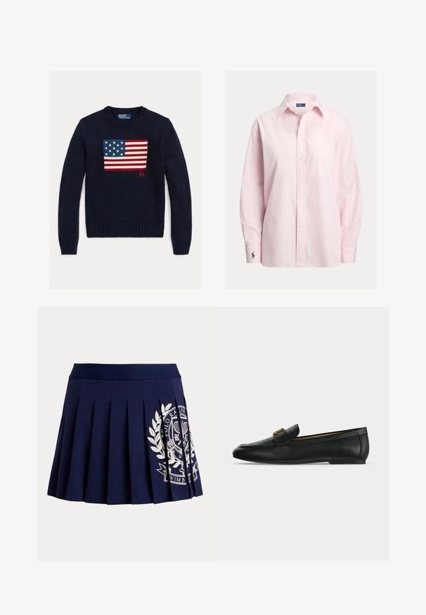 Marineblauer Strickpullover mit einem strukturierten Motiv der amerikanischen Flagge in Rot, Weiß und Blau. Gerippte Bündchen und Saum, mit "RL"-Logo nahe dem Saum.; Hellrosa Hemd zum Knöpfen aus einem glatten Baumwollmix, mit einem Standardkragen, langen Ärmeln und einem kleinen gestickten Logo auf der Manschette.; Marineblauer plissierter Rock mit breitem Bund und weißem Tennis-Wappen-Logo auf der unteren rechten Seite.; Schwarzer Lederloafer mit goldenem Metallschnallendetail oben, flacher Sohle und genähtem Design entlang des oberen Randes.