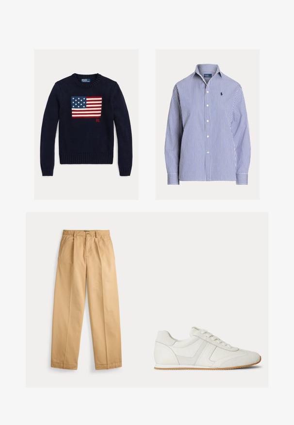 Suéter de punto azul marino con un diseño texturizado de la bandera estadounidense en rojo, blanco y azul. Puños y dobladillo acanalados, con el logo "RL" cerca del dobladillo.; Camisa de manga larga con botones, de rayas verticales azules y blancas, con cuello y pequeño logo bordado en el pecho izquierdo.; Pantalones beige de pierna recta con cierre de botón y cremallera, bolsillos delanteros, trabillas para cinturón y pliegues prensados a lo largo de las piernas.; Zapatilla blanca de corte bajo con cordones en la parte frontal, paneles de ante y cuero, y una suela de goma marrón claro sobre un fondo blanco.