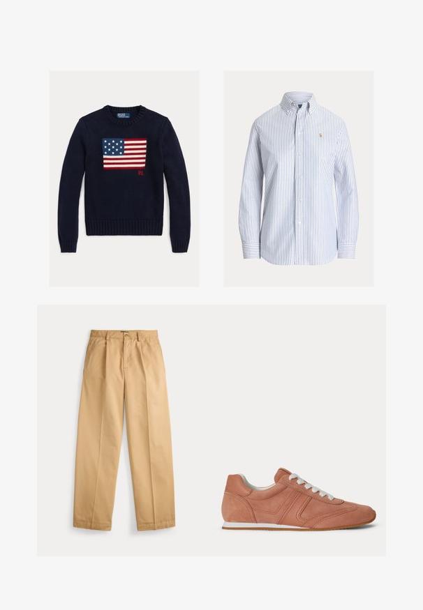 Pull en maille bleu marine avec un motif texturé du drapeau américain en rouge, blanc et bleu. Poignets et ourlet côtelés, avec le logo « RL » près de l'ourlet.; Chemise blanche boutonnée avec des rayures verticales bleu clair, col boutonné et petit logo brodé sur la poitrine gauche.; Pantalon beige à jambes droites avec fermeture par bouton et zip, poches avant, passants pour ceinture et plis marqués le long des jambes.; Baskets basses rose poudré avec lacets blancs, design cousu, semelle fine blanche avec semelle extérieure en caoutchouc beige.