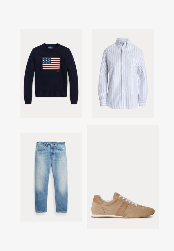 Marineblå strikket sweater med et tekstureret amerikansk flagdesign i rød, hvid og blå. Ribstrikkede manchetter og kant, med "RL"-logo nær kanten.; Hvid skjorte med lodrette lyseblå striber, knaplukning på kraven og lille broderet logo på venstre bryst.; Lyseblå falmede jeans med lige ben, forlommer, knap- og lynlåslukning samt let slid på højre lår.; Lysebrun ruskind og læder lavtop-sneaker med hvide snørebånd og hvid gummisål vist fra siden på en hvid baggrund.
