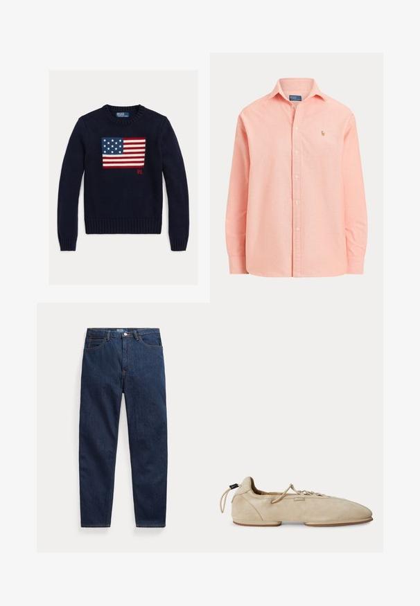 Marineblauer Strickpullover mit einem strukturierten Motiv der amerikanischen Flagge in Rot, Weiß und Blau. Gerippte Bündchen und Saum, mit "RL"-Logo nahe dem Saum.; Hellrosa Langarm-Hemd mit Knopfleiste, Kragen und kleinem gesticktem Logo auf der linken Brust.; Dunkelblaue Jeans aus Denim mit fünf Taschen, Knopfverschluss und geradem Bein, flach auf weißem Hintergrund liegend.; Beiger Wildlederflacher Schuh mit Schnürung vorne, rundlicher Spitze, niedrigem Absatz und Polo-Markenetikett an der Seite.