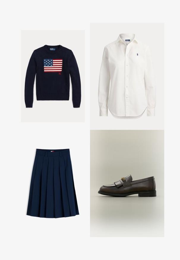 Marineblauer Strickpullover mit einem strukturierten Motiv der amerikanischen Flagge in Rot, Weiß und Blau. Gerippte Bündchen und Saum, mit "RL"-Logo nahe dem Saum.; Weißes langärmliges Hemd mit Knöpfen, Kragen und kleinem blauem Logo eines Polospielers auf der linken Brust.; Marineblauer plissierter Rock mit Gürtelschlaufen und einem kleinen rot-weiß-blauen Logoetikett am Bund, auf weißem Hintergrund dargestellt.; Dunkelbrauner Lederloafer mit Fransen-Detail und goldener Schnalle auf schwarzer Sohle, von der Seite auf neutralem Hintergrund gezeigt.