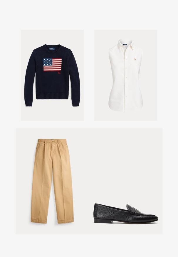 Marineblå strikket sweater med et tekstureret amerikansk flagdesign i rød, hvid og blå. Ribstrikkede manchetter og kant, med "RL"-logo nær kanten.; Hvid ærmeløs skjorte lavet af bomuld med spidst krave, knapper foran og en lille broderet logo på venstre side.; Beige bukser med lige ben, lukning med knap og lynlås, forlommer, bæltestropper og pressede folder ned langs benene.; Sort tekstureret læderloafer med lav hæl og klassisk penny-stropdetalje, vist i profil mod en ensfarvet lys baggrund.