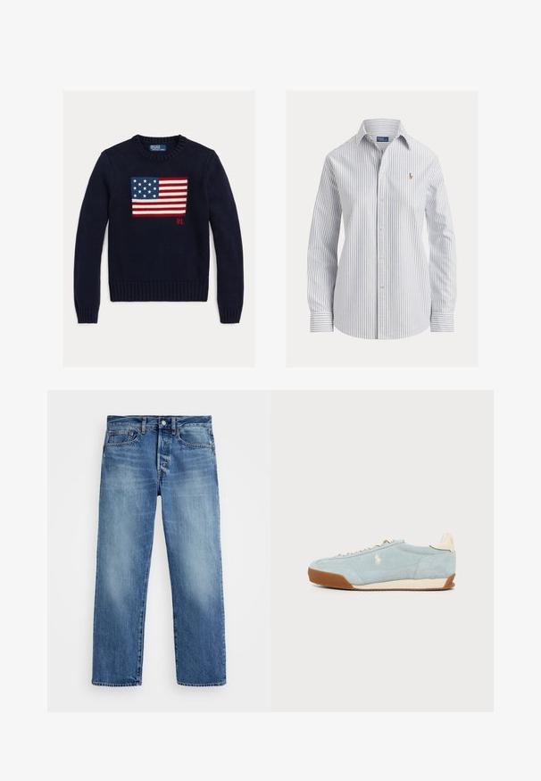 Marineblå strikket sweater med et tekstureret amerikansk flagdesign i rød, hvid og blå. Ribstrikkede manchetter og kant, med "RL"-logo nær kanten.; Hvid skjorte med tynde, lodrette blå striber, lange ærmer, spids krave og lille broderet logo på brystet.; Lysblå denim bukser med lige snit, fem lommer, bæltestropper og kobberknaplukning. Afblegede områder giver struktur.; Lyseblå ruskindssneakers med beige accenter, brun sål og broderet hvid hestelogo på siden, vist i profil på ensfarvet baggrund.