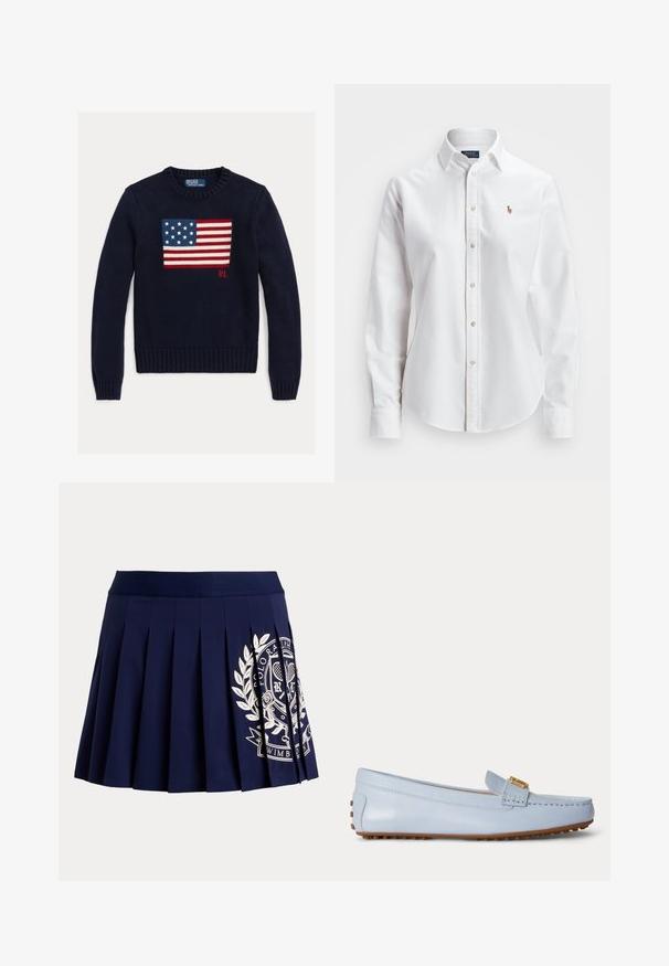 Marineblauer Strickpullover mit einem strukturierten Motiv der amerikanischen Flagge in Rot, Weiß und Blau. Gerippte Bündchen und Saum, mit "RL"-Logo nahe dem Saum.; Weißes Langarm-Hemd aus Baumwolle mit klassischen Kragen und kleinem gesticktem Logo auf der Brust.; Marineblauer plissierter Rock mit breitem Bund und weißem Tennis-Wappen-Logo auf der unteren rechten Seite.; Hellblauer Lederloafer mit braunen Gummistollen an der Sohle und goldener Schnalle vorne, seitlich dargestellt.