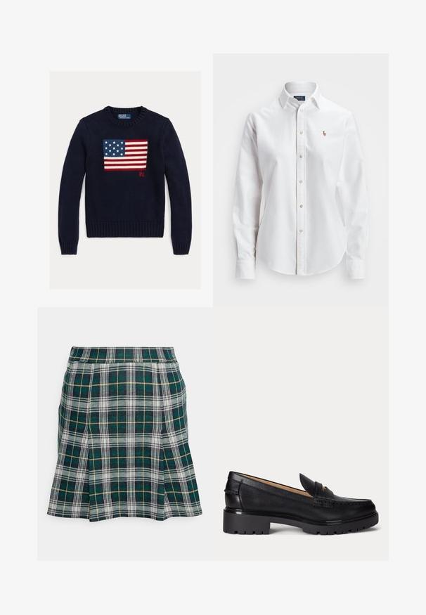 Suéter de punto azul marino con un diseño texturizado de la bandera estadounidense en rojo, blanco y azul. Puños y dobladillo acanalados, con el logo "RL" cerca del dobladillo.; Camisa de botones de manga larga blanca hecha de algodón, con un cuello clásico y un pequeño logo bordado en el pecho.; Hollister Co. PLEATED MINI SKIRT - Minifalda - green; Mocasín de cuero negro con suela gruesa y con relieve, tacón bajo y tira decorativa en la parte delantera.