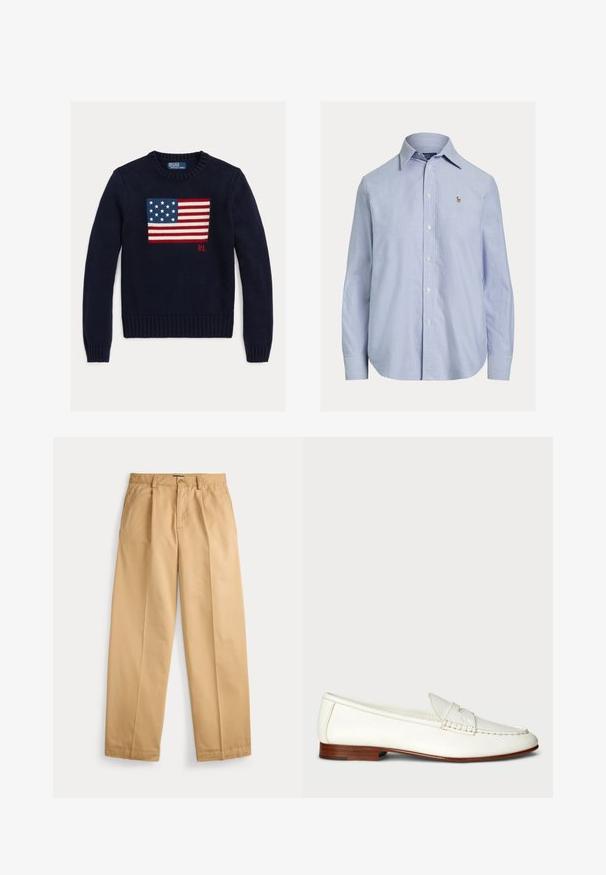 Marineblå strikket sweater med et tekstureret amerikansk flagdesign i rød, hvid og blå. Ribstrikkede manchetter og kant, med "RL"-logo nær kanten.; Lyseblå skjorte med lange ærmer og knapper, med spids krave og lille broderet logo på venstre bryst.; Beige bukser med lige ben, lukning med knap og lynlås, forlommer, bæltestropper og pressede folder ned langs benene.; Hvide læder loafers med en struktureret overflade, rund tå og vævet detalje. Lavt træhæl og minimalistisk design.