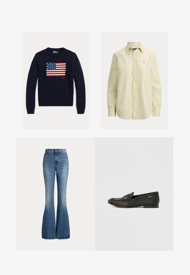 Marineblå strikket sweater med et tekstureret amerikansk flagdesign i rød, hvid og blå. Ribstrikkede manchetter og kant, med "RL"-logo nær kanten.; Gul stribet skjorte med knapper, der har blå striber, lange ærmer, krave og et lille broderet logo på venstre bryst.; Højtaljede blå jeans i denim med klokkeformede ben og let falmet område foran på låret, vist mod hvid baggrund.; Sort læderloafer med tekstureret finish, penny keeper-detalje, slank profil, diskret branding på siden og lav, flad hæl.