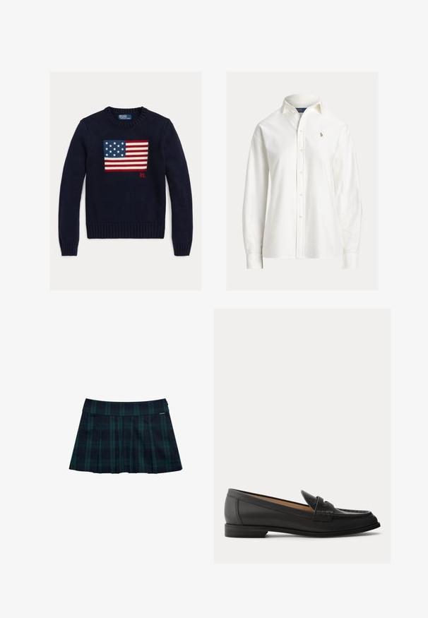 Marineblå strikket sweater med et tekstureret amerikansk flagdesign i rød, hvid og blå. Ribstrikkede manchetter og kant, med "RL"-logo nær kanten.; Hvid langærmet skjorte med knapper, krave og lille broderet logo på venstre bryst.; Rynket nederdel med tern i mørkegrøn og marineblå med en glat talje og logo-accent. Har et klassisk, lagdelt rynkedesign.; Sort dames loafer i læder med lav hæl, rundet tå og syninger på overdelen, vist fra siden på en ensfarvet baggrund.