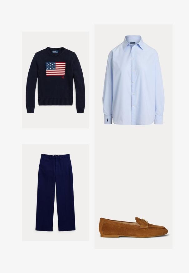 Tumesinine kudumistest kampsun, millel on tekstuuriga Ameerika lipu disain punases, valges ja sinises. Soonilised mansetid ja ääred ning "RL" logo ääre lähedal.; Hele sinine pika varrukaga nööpidega särk terava kraega ning vasakul mansetil tikitud logoga, valgel taustal.; Tumesinised sirgelõikelised püksid vööaasadega, esikinnistusega nööpidega ja küljetaskutega valgel taustal.; Pruun seemisnahast madalad loafer-tossud kuldse metallist pandlaga peal ja madala kontsapõhjaga.