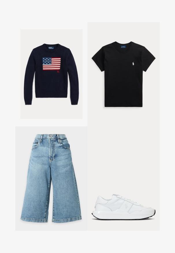 Marineblauer Strickpullover mit einem strukturierten Motiv der amerikanischen Flagge in Rot, Weiß und Blau. Gerippte Bündchen und Saum, mit "RL"-Logo nahe dem Saum.; Schwarzes T-Shirt mit kurzen Ärmeln und Rundhalsausschnitt mit kleinem weißen Polo Ralph Lauren Pferdelogo auf der linken Brust.; Hellblaue Denim-Culotte-Shorts mit Vorderknopf, Reißverschluss, Gürtelschlaufen und Seitentaschen auf weißem Hintergrund.; Weißer Sneaker mit niedrigem Schaft, glatten und strukturierten Einsätzen, Schnürung vorne und einem dezenten geprägten Logo an der Seite.