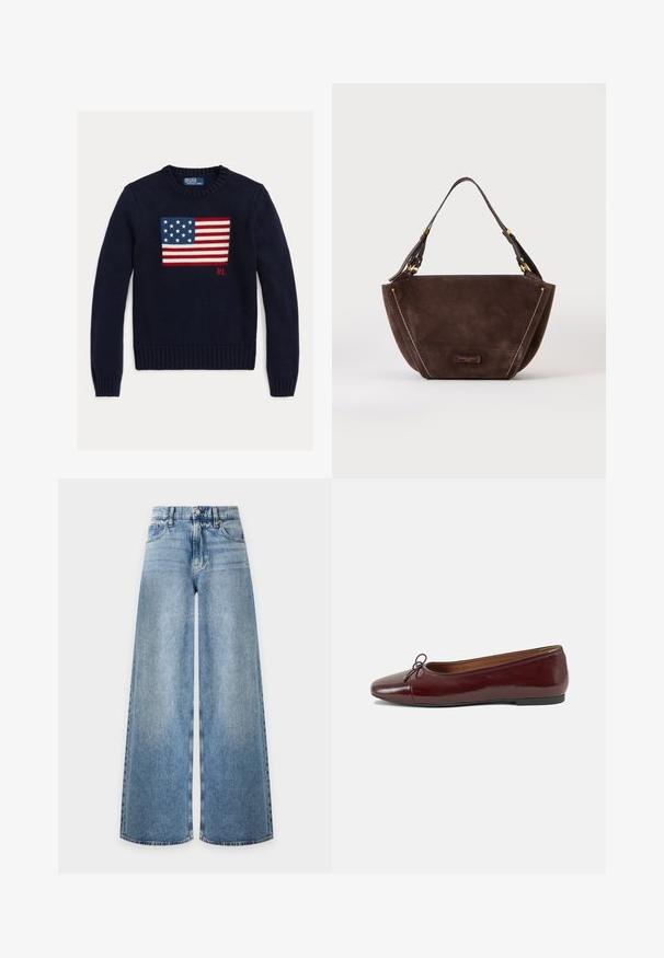 Marineblå strikket sweater med et tekstureret amerikansk flagdesign i rød, hvid og blå. Ribstrikkede manchetter og kant, med "RL"-logo nær kanten.; Lyseblå denimjeans med brede ben, høj talje, frontknap, lynlåslukning og klassisk fem-lommers design.; Bordeaux patentlæder balletflad med rund tå, lille sløjfeaccent foran og en lav, sort gummisål. Glat tekstur.; Mørkebrun ruskindtaske med en enkelt skulderrem, buet trapezform, guldfarvet hardware og synlige syninger på en ensfarvet baggrund.