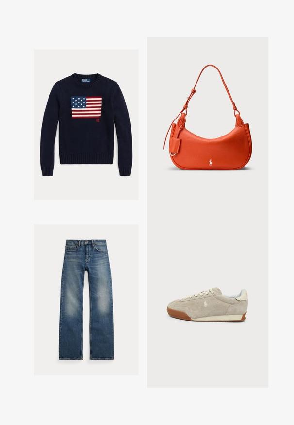 Marineblå strikket sweater med et tekstureret amerikansk flagdesign i rød, hvid og blå. Ribstrikkede manchetter og kant, med "RL"-logo nær kanten.; Blå jeans med lige ben og falmede områder på lårene, fem-lommer design og knaplukning, lagt fladt på en hvid baggrund.; Beige ruskind sneaker med hvide snørebånd, brun gummisål og lille broderet logo på siden, set fra ydersiden.; Orange skuldertaske i læder med en buet form, struktureret overflade, en lang rem og en lille sidelomme. Har et hvidt logo som dekoration.