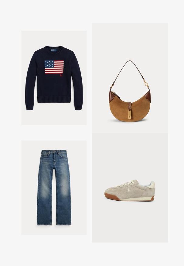 Pull en maille bleu marine avec un motif texturé du drapeau américain en rouge, blanc et bleu. Poignets et ourlet côtelés, avec le logo « RL » près de l'ourlet.; Jeans bleu droit avec zones décolorées aux cuisses, conception cinq poches et fermeture à boutons, posés à plat sur fond blanc.; Baskets en daim beige avec lacets blancs, semelle en caoutchouc marron et petit logo brodé sur le côté, vues de l'extérieur.; Sac à main demi-lune en daim marron avec des accents en cuir marron foncé, des ferrures dorées et une courte bandoulière.