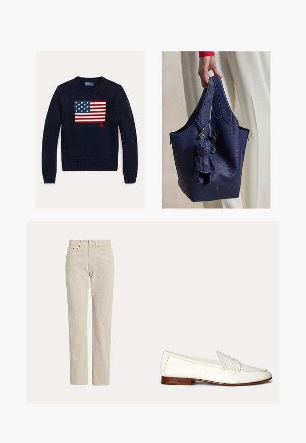 Pull en maille bleu marine avec un motif texturé du drapeau américain en rouge, blanc et bleu. Poignets et ourlet côtelés, avec le logo « RL » près de l'ourlet.; Pantalon en velours côtelé beige droit avec passants de ceinture, bouton à l'avant, fermeture éclair et poches avant.; Mocassin en cuir blanc à enfiler avec un petit talon marron et des détails cousus sur le dessus et les côtés.; Main tenant un sac à main en cuir texturé bleu marine avec un charm ours en peluche assorti et un logo rouge, sur fond de pantalon blanc.