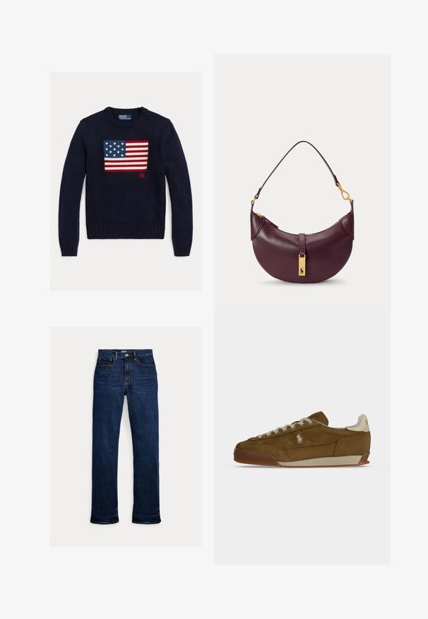 Marineblå strikket sweater med et tekstureret amerikansk flagdesign i rød, hvid og blå. Ribstrikkede manchetter og kant, med "RL"-logo nær kanten.; Mørkeblå straight-leg jeans med frontknap og lynlås, fem-lomme design og synlige syninger.; Brun ruskind sneaker med cremefarvede snørebånd, tyk sål og et lille hvidt broderet logo på siden.; Lille mørkelilla læder skuldertaske med guld lynlås og guldrektangulært logo på frontstroppen.