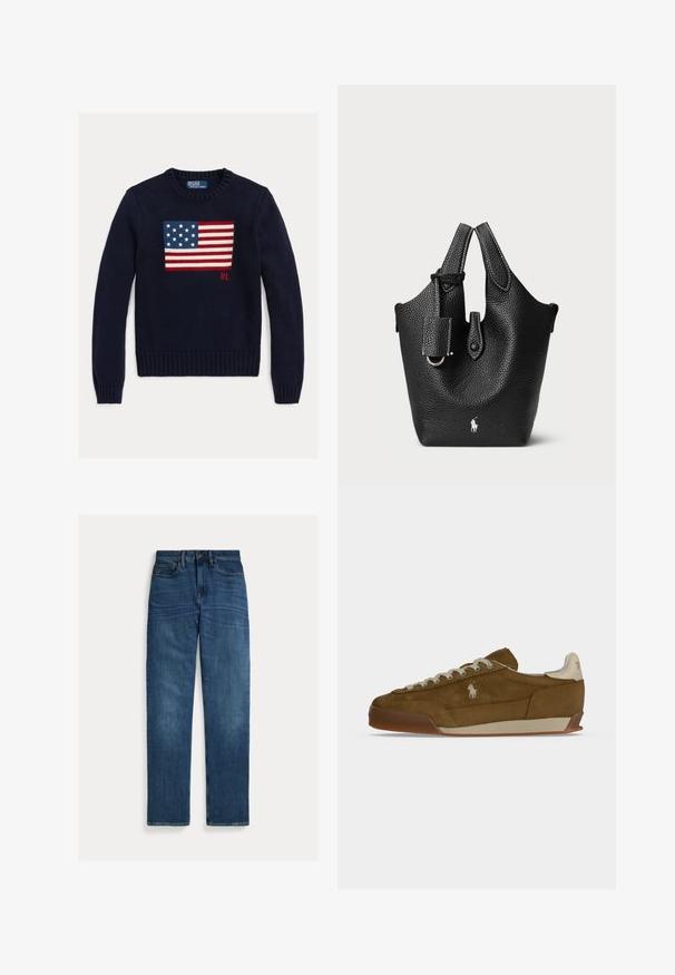 Marineblauer Strickpullover mit einem strukturierten Motiv der amerikanischen Flagge in Rot, Weiß und Blau. Gerippte Bündchen und Saum, mit "RL"-Logo nahe dem Saum.; Straight-leg blaue Denim-Jeans mit fünf Taschen, Knopfverschluss und subtilen Verwaschungen an Oberschenkeln und Knien, flach auf weißem Hintergrund gelegt.; Brauner Wildleder-Sneaker mit cremefarbenen Schnürsenkeln, dicker Sohle und kleinem weißem gesticktem Logo an der Seite.; Schwarze Leder-Eimer-Tasche mit strukturierter Oberfläche, ausgestattet mit kurzen Tragen, einem abnehmbaren Schulterriemen und einem silbernen Logo-Akzent an der Unterseite.
