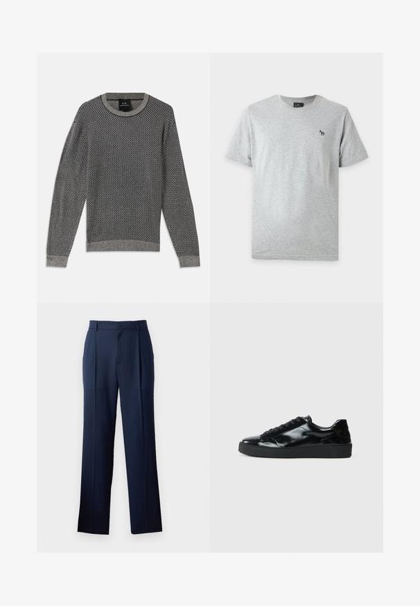 Suéter de punto en gris con un patrón de diamantes texturizado. Presenta un cuello redondo acanalado y puños, con un dobladillo gris sólido.; Camiseta gris claro de manga corta con un pequeño logo de cebra multicolor en el lado izquierdo del pecho y un cuello redondo.; Pantalones azul marino oscuros, elaborados con una tela suave y un corte recto, que presentan una textura sutil y dos pliegues frontales. Sin bolsillos visibles.; Zapatillas de charol negro con punta redonda, diseño con cordones, suela de goma texturizada y acabado suave.
