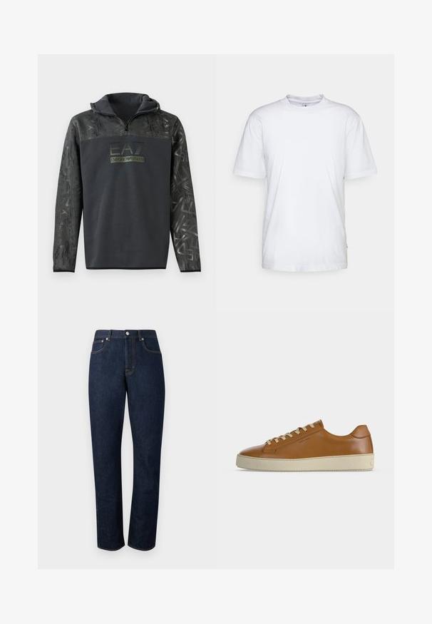 Sort hættetrøje med halvlukning, der har et tekstureret grafisk mønster på ærmerne og et logo-tryk i mørkegrøn farve på brystet.; Hvid bomulds t-shirt med rund hals, korte ærmer og lige kant. Har et lille mærke på den venstre sidesøm.; Mørkeblå straight-leg jeans i denim med fem-lomme-design, frontlukning med knapper og kontrastsyning mod en ensfarvet baggrund.; Lavtop brun læder sneaker med cremefarvede snørebånd og tyk cremefarvet gummisål vist i sideprofil på hvid baggrund.