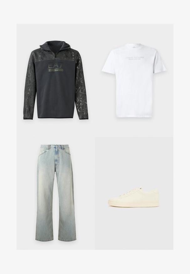 Zwarte hoodie met een halve rits, voorzien van een textuur patroon op de mouwen en een logo-print in donkergroen op de borst.; Witte katoenen t-shirt met een ronde hals, korte mouwen en een reliëflogo "ARMANI EXCHANGE MILANO/NEW YORK" op de voorkant.; Lichtblauwe denim jeans met wijde pijpen, hoge taille, vooraan knoop- en ritssluiting en ontwerp met vijf zakken.; Slofkleurige sneaker met een glad leren bovenwerk, ronde neus, vetersluiting en een geribbelde rubberen zool. Minimalistisch ontwerp, zonder logo's.