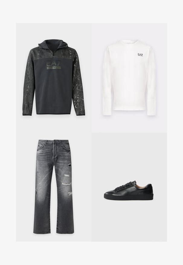 Sort hættetrøje med halvlukning, der har et tekstureret grafisk mønster på ærmerne og et logo-tryk i mørkegrøn farve på brystet.; Hvid langærmet t-shirt med rund hals og lille sort "EA7 Emporio Armani" logo på øvre venstre bryst.; Sorte falmede jeans med lige ben, med slidte huller og frynsete lapper på forsiden af lårene og knæene.; Sorte lædersneakers med en glat overflade, rund tå og snørebåndslukning. Har en tyk gummisål og minimal branddetalje.
