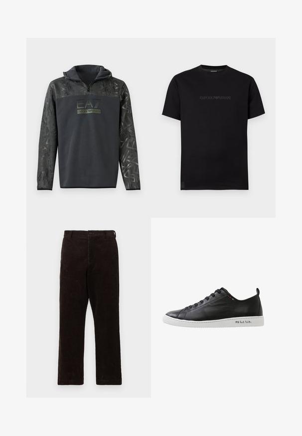 Sudadera negra con capucha y media cremallera, que cuenta con un patrón gráfico texturizado en las mangas y una impresión de logo en verde oscuro en el pecho.; Camiseta negra de manga corta con cuello redondo y un sutil logo en relieve oscuro de Emporio Armani a lo largo del pecho sobre un fondo blanco.; Pantalones de pana marrón con corte recto, con cierre de botón y textura acanalada, diseñados para un ajuste casual.; Zapatillas de cuero negro con suela de goma blanca. Presenta puntera redonda, seis ojetes para cordones y un acento multicolor cerca de la lengüeta, logotipo en relieve en el lateral.